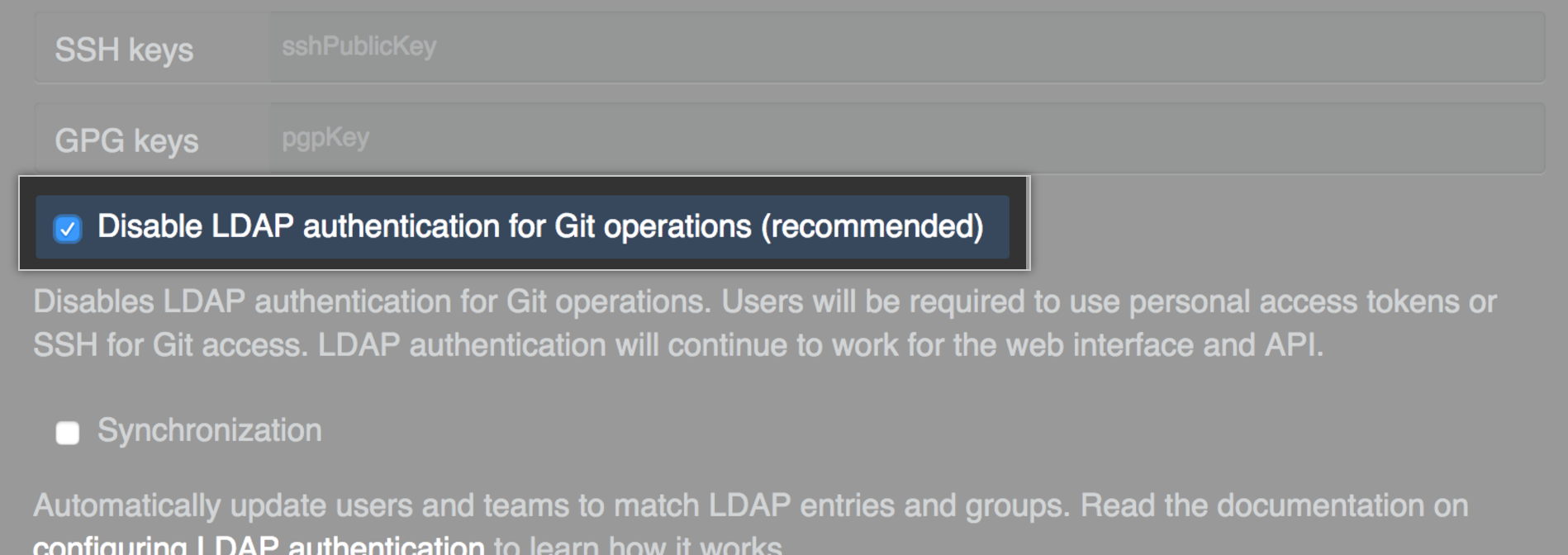 Disable LDAP password auth for Git check box