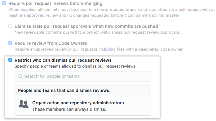 Restrict who can dismiss pull request reviews checkbox