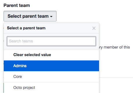 Drop-down menu listing the organization's existing teams