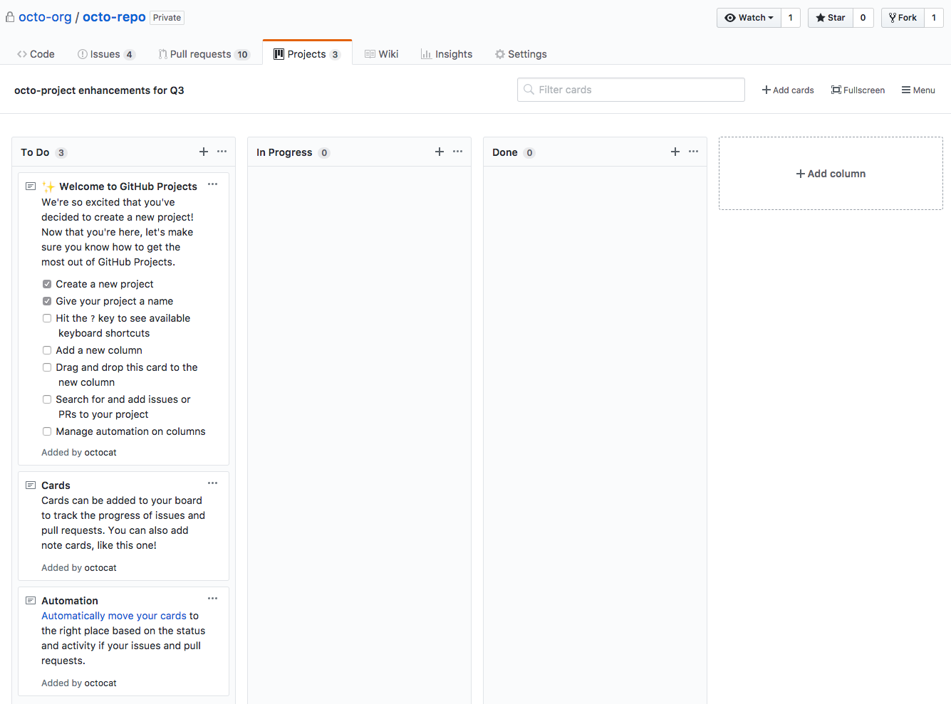 Project board with basic kanban template