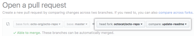 Drop-down menus for choosing the head fork and compare branch