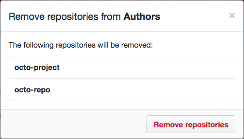 Modal box with a list of repositories that the team will no longer have access to