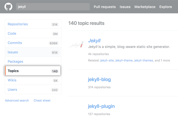 Jekyll repository search results page with topics side-menu option highlighted