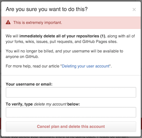 Delete account confirmation dialog