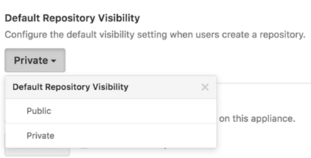 Menú desplegable para elegir la visibilidad de repositorios predeterminada para tu instancia 