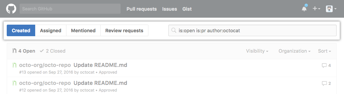 Lista de pull requests com o filtro "Created" (Criado) selecionado