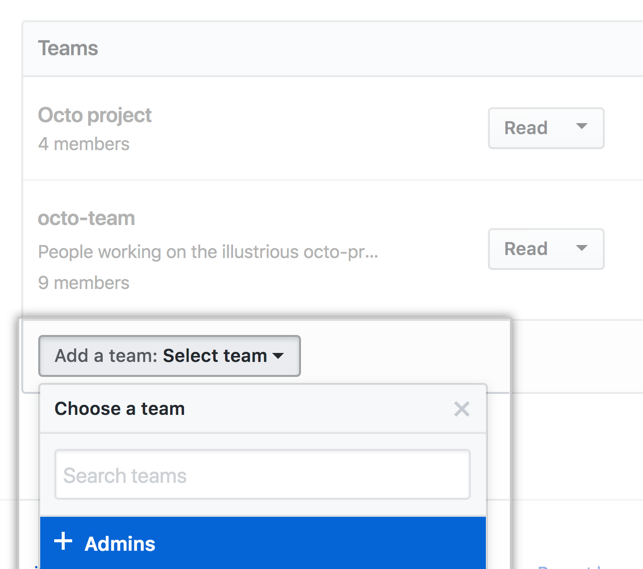 Menu suspenso Add a team (Adicionar uma equipe) com lista de equipes na organização