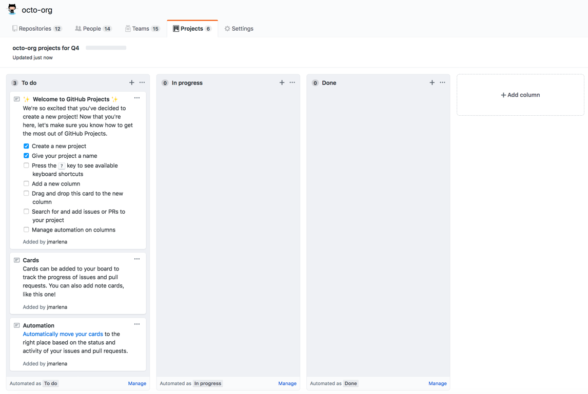 Quadro de projeto com modelo de kanban básico