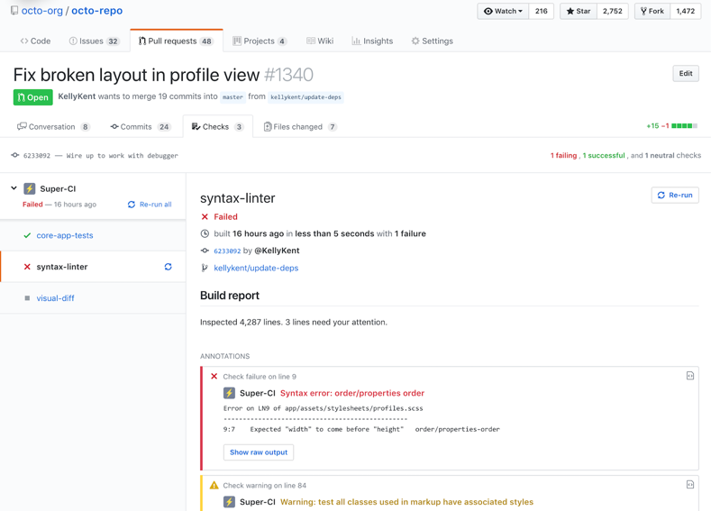 Verificações de status em uma pull request