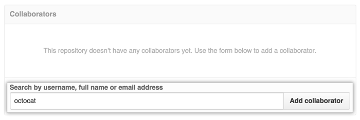 La sección Collaborators (Colaboradores) con el nombre de usuario de Octocat ingresado en el campo de búsqueda