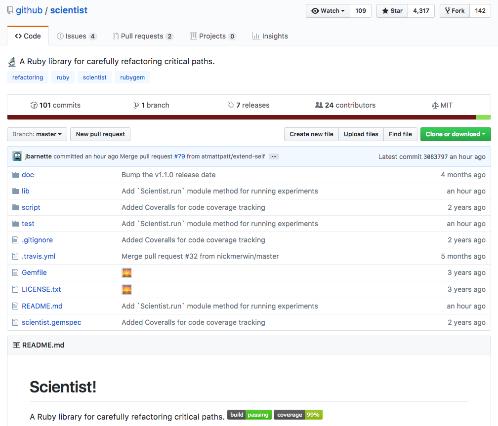 Página principal do repositório github/scientist e seu arquivo LEIAME