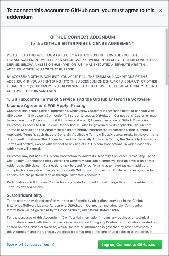 GitHub Connect Addendum and I agree, connect to GitHub.com button