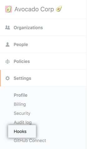 Hooks tab in the business account settings sidebar