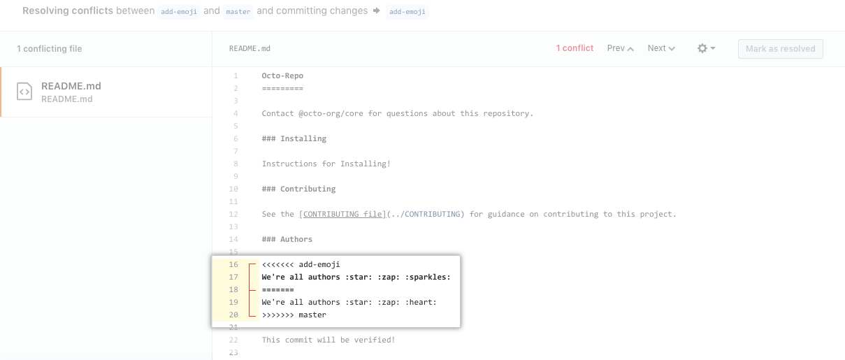 view merge conflict example with conflict markers