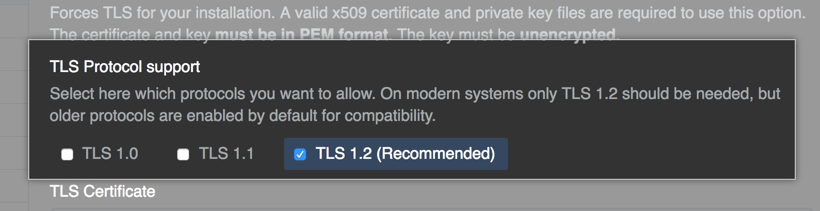 Radio buttons with options to choose TLS protocols