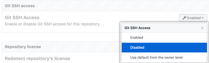 Menú desplegable del acceso SSH de Git con la opción de inhabilitación seleccionada