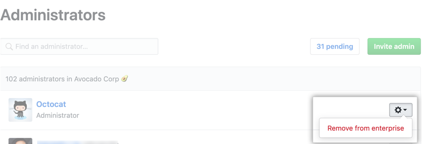 Settings gear with menu option to remove an enterprise administrator