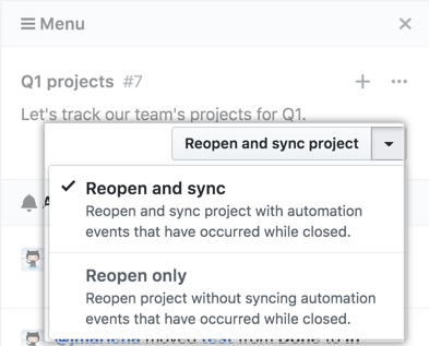 Reopen closed project board drop-down menu