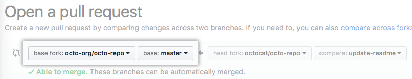 Drop-down menus for choosing the base fork and branch