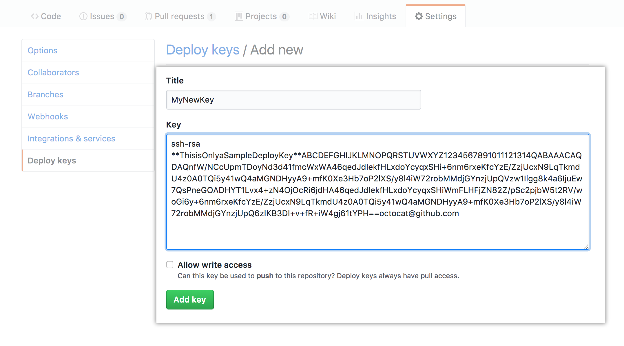 Deploy Key page