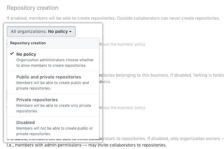 Menu suspenso com opções de políticas de criação de repositórios