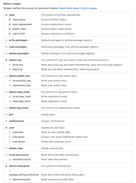 Permissions options for personal access token