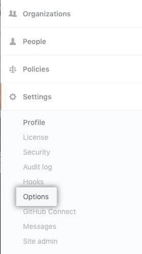 Options tab in the enterprise account settings sidebar