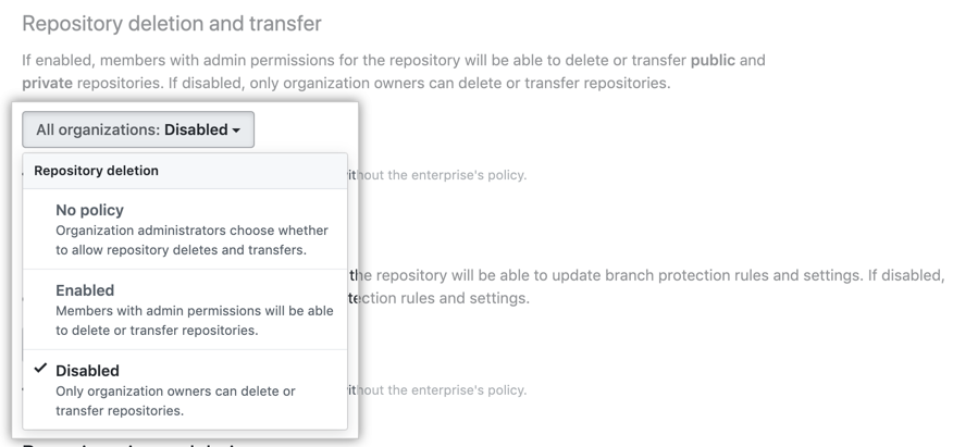 Drop-down menu with repository deletion policy options