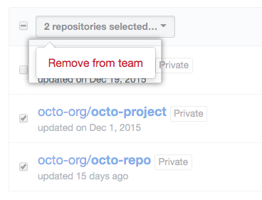 チームからリポジトリを削除するオプションのあるドロップダウン メニュー
