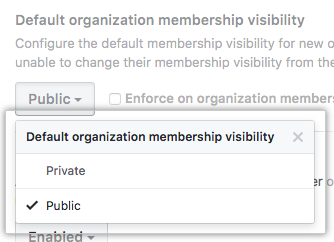 包含用于将默认组织成员关系可见性配置为公开或私密的选项的下拉菜单