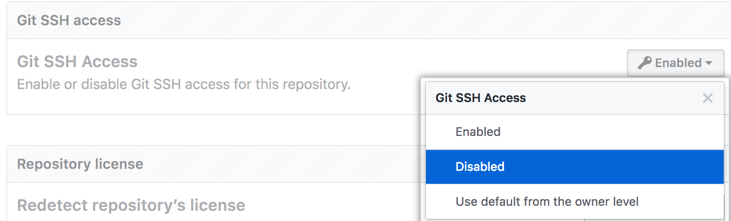 选择了禁用选项的 Git SSH access 下拉菜单