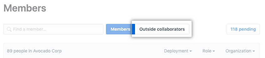 组织成员页面上的外部协作者选项卡