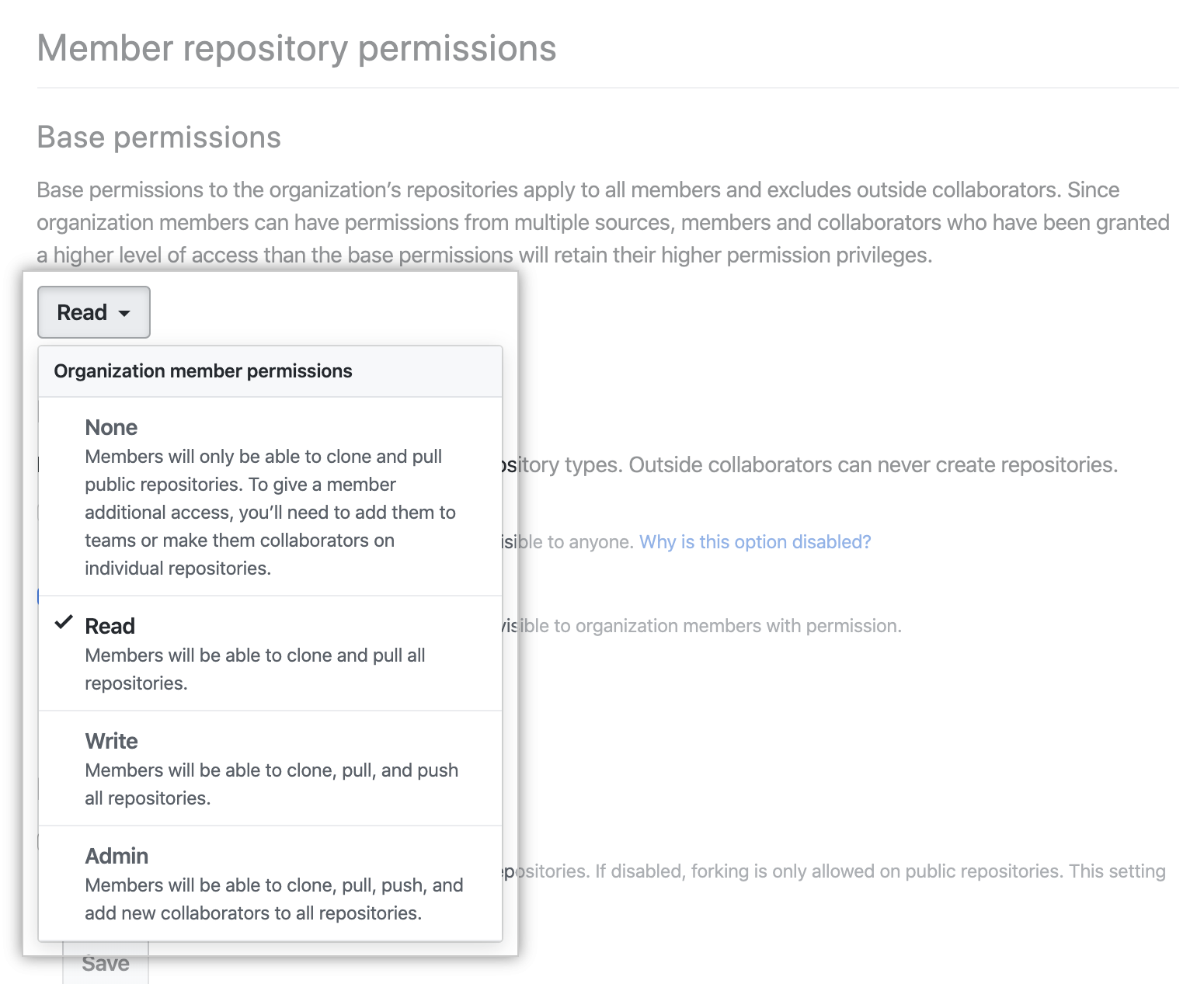 Selecionar novo nível de permissão a partir do menu suspenso de permissões básicas