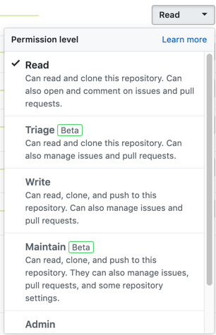 Menú desplegable de nivel de acceso a un repositorio