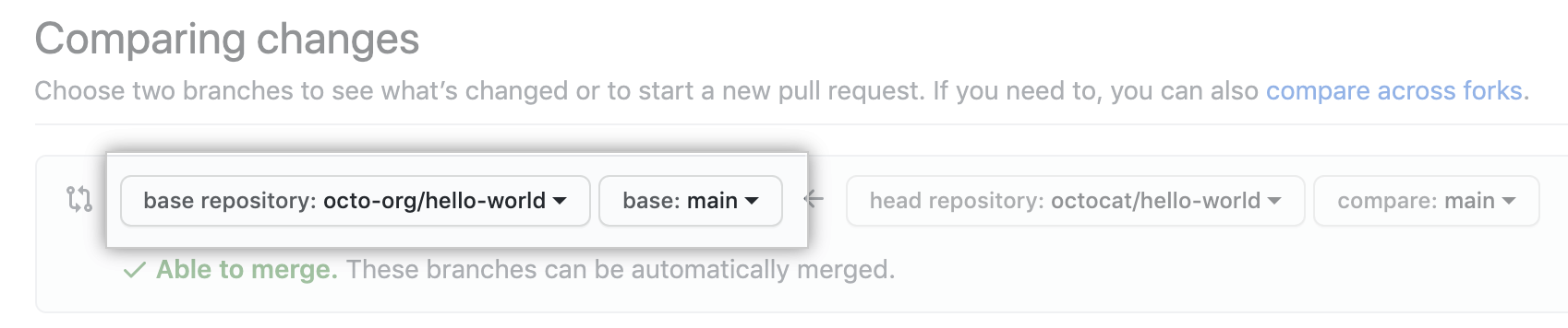 Drop-down menus for choosing the base fork and branch