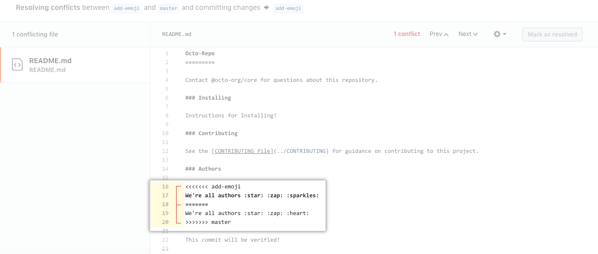 View merge conflict example with conflict markers