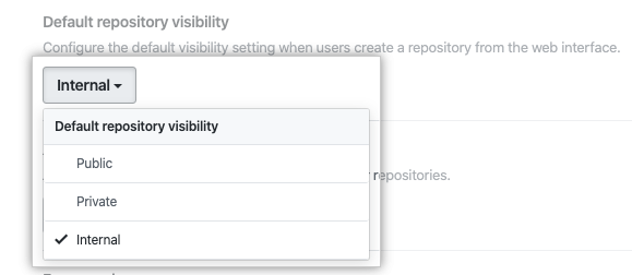 Drop-down menu to choose the default repository visibility for your instance