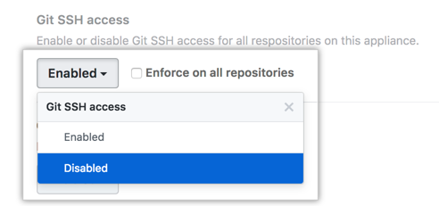 Menu suspenso de acesso por SSH do Git com a opção Desabilitado