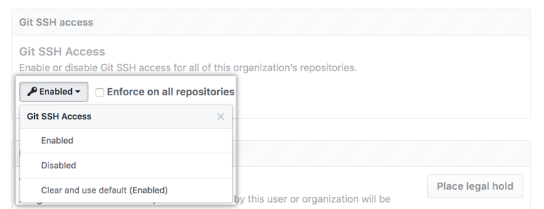 Menu suspenso de acesso por SSH do Git com a opção Desabilitado