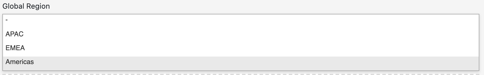 Global Region drop-down menu