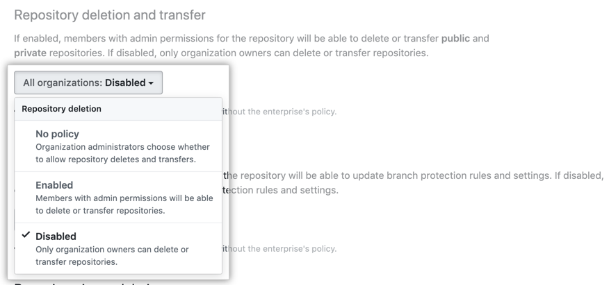 Menu suspenso com opções de política de exclusão de repositório