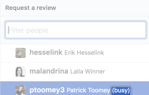 Requested reviewer shows "busy" note next to username