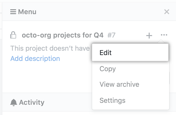 Edit option in drop-down menu from project board sidebar