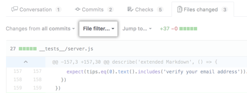 Opção File filter (Filtro de arquivo) acima do diff da pull request