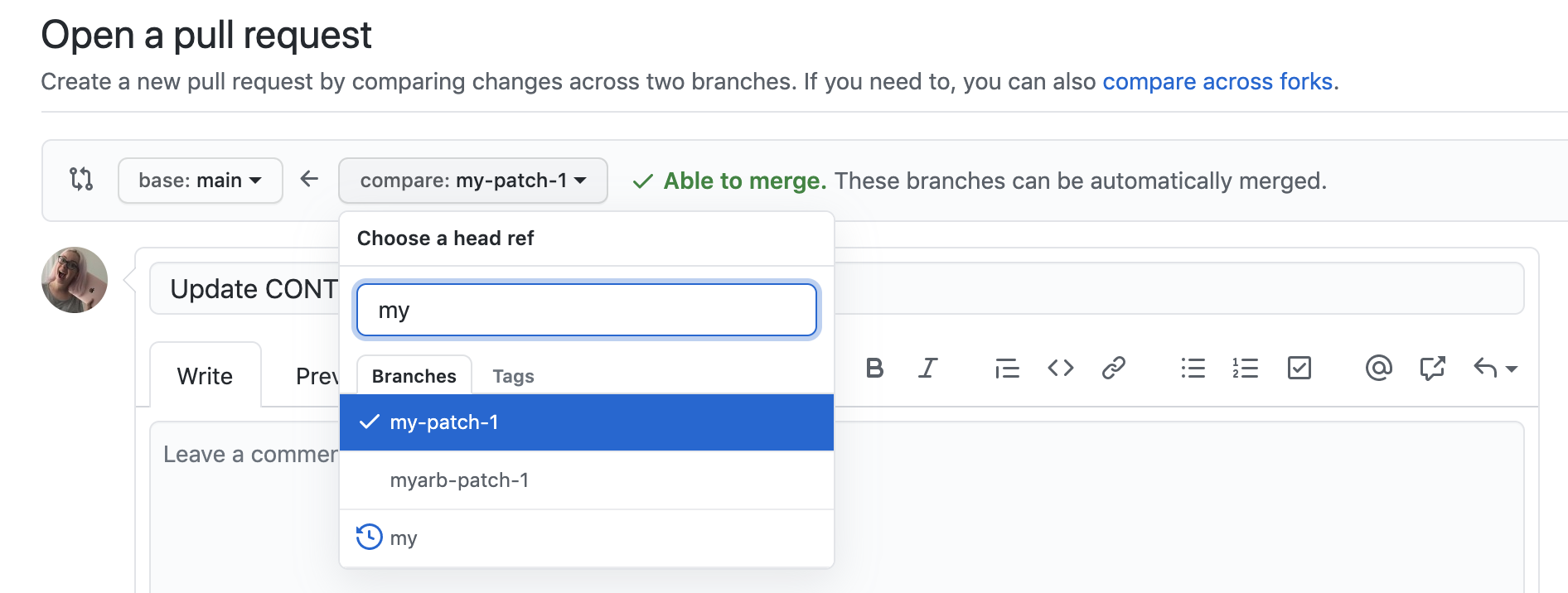 Branches de edição da pull request