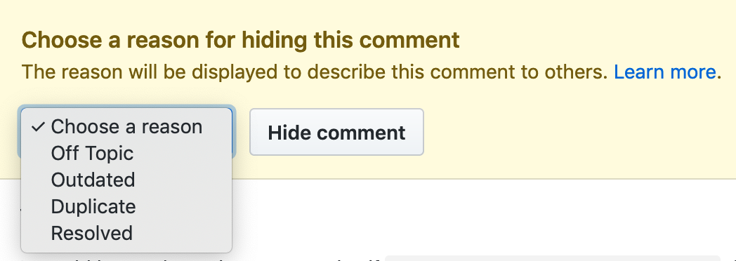 Choose reason for hiding comment drop-down menu