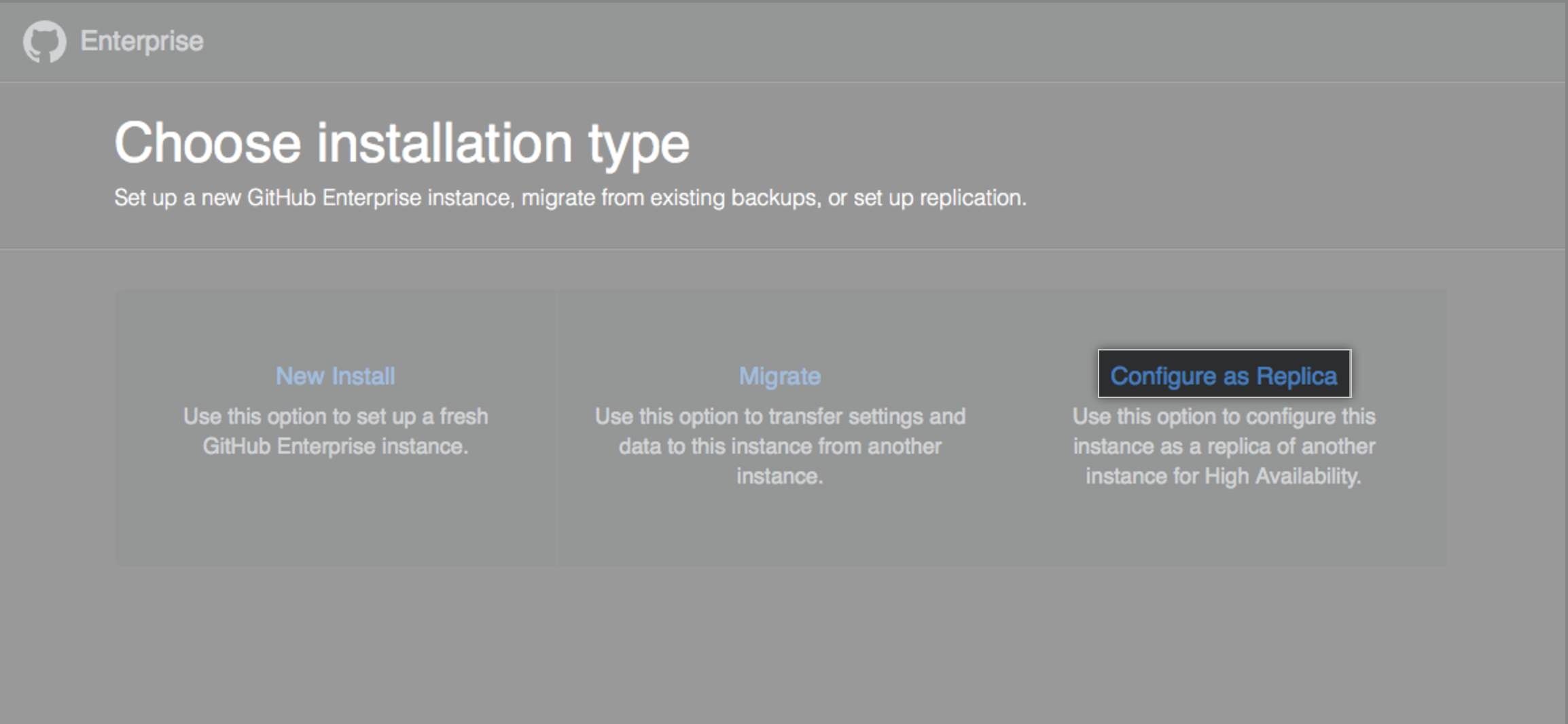 Installation options with link to configure your new instance as a replica