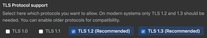 Radio buttons with options to choose TLS protocols