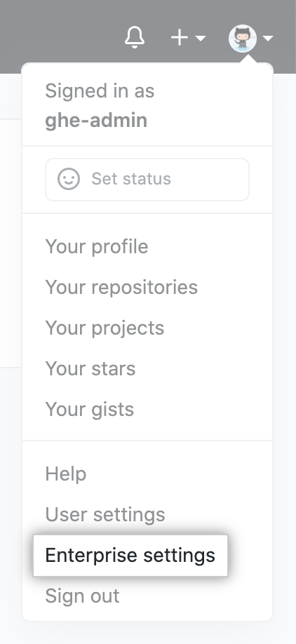 "Enterprise settings" in drop-down menu for profile photo on GitHub Enterprise Server