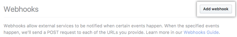 Botão Add webhook (Adicionar webhook) na página Webhooks na central de administração